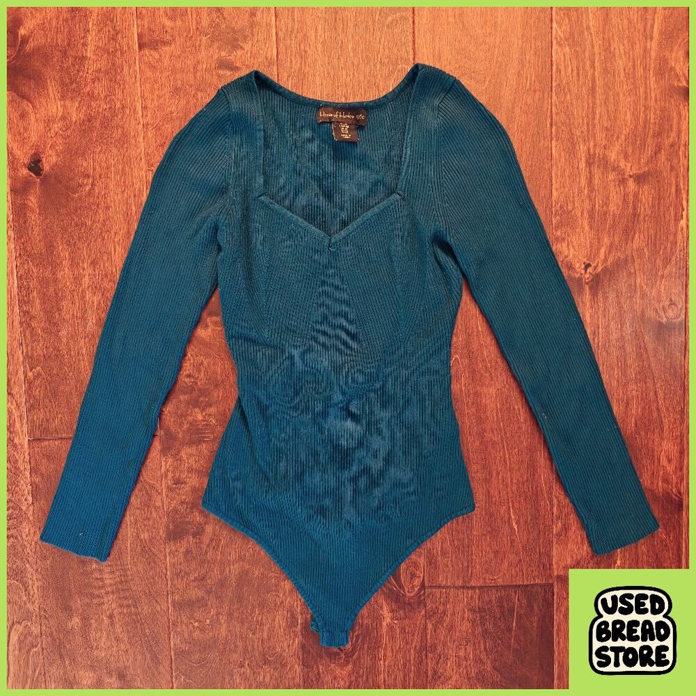 House of Harlow 1960 Ribbed Stretch Long Sleeve Bodysuit Blue Sz M Hexagon Neck